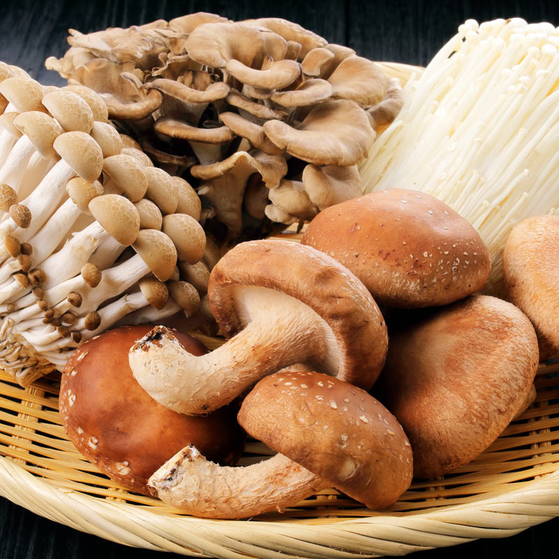 Selection of Japanese mushrooms in a basket