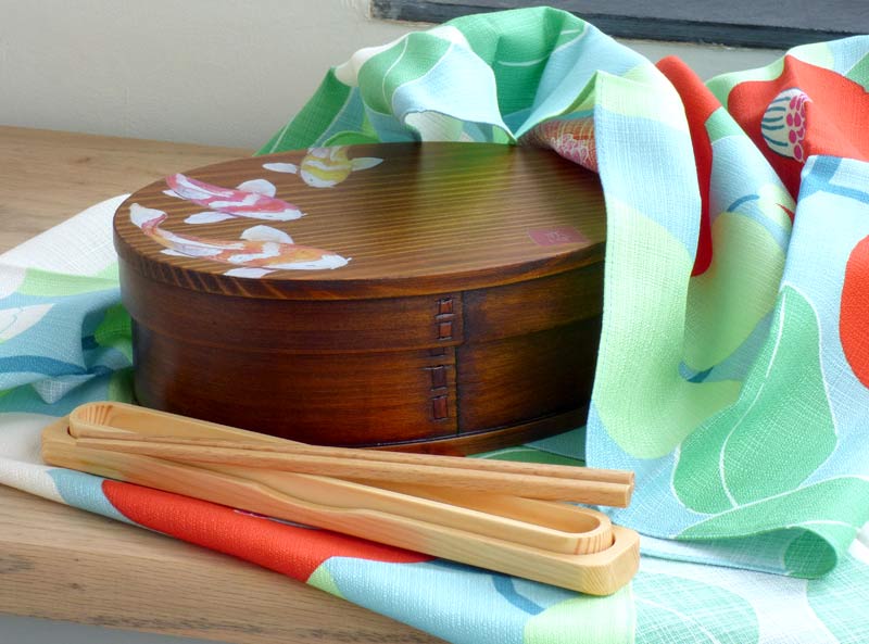 Wooden bento box in furoshiki wrap