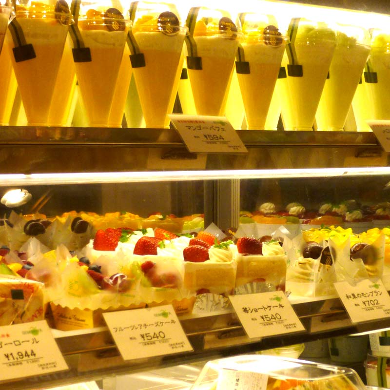 Japanese cakes in a cafe window display