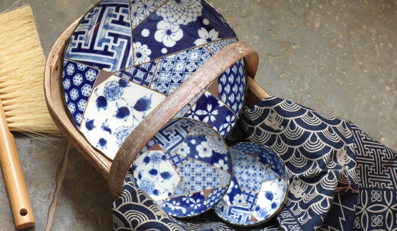 Plates and bowls with a design inspired by vintage kimono fabrics
