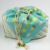 Cotton fabric bento bag with drawstring ties and cute budgie design