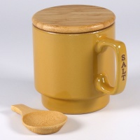Ceramic storage pot with wooden lid and scoop for salt