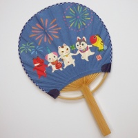 Blue Japanese uchiwa fan with fireworks and magical creatures design