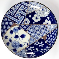 Large Japanese plate with blue and white patchwork kimono fabric pattern