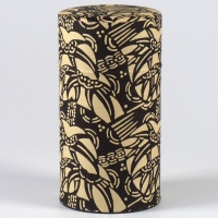 Tall Japanese tea caddy with black and beige washi paper covering