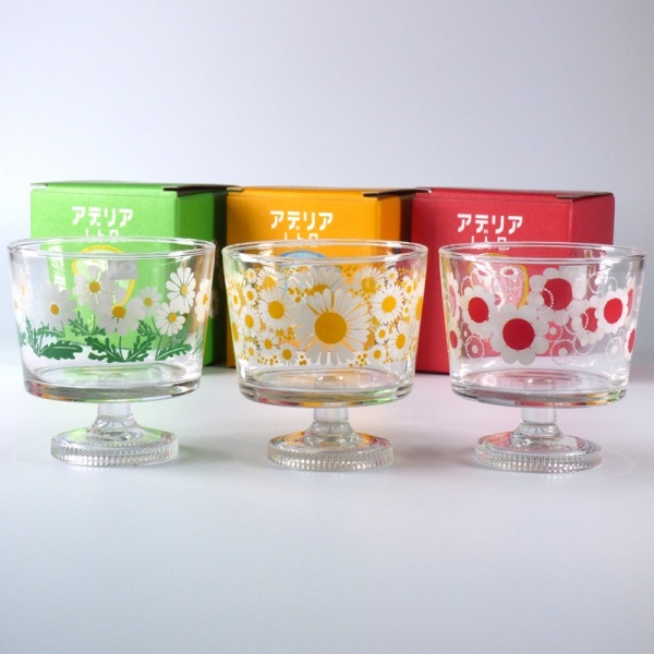 Three designs of retro dessert bowls with matching gift boxes