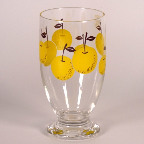 Glass footed tumbler with retro Japanese pear design