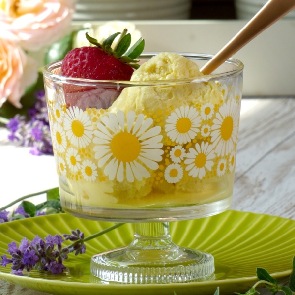 Japanese retro glass dessert bowl with ice cream and fruit
