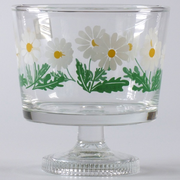 Aderia Retro glass dessert bowl with green, white and yellow daisy design