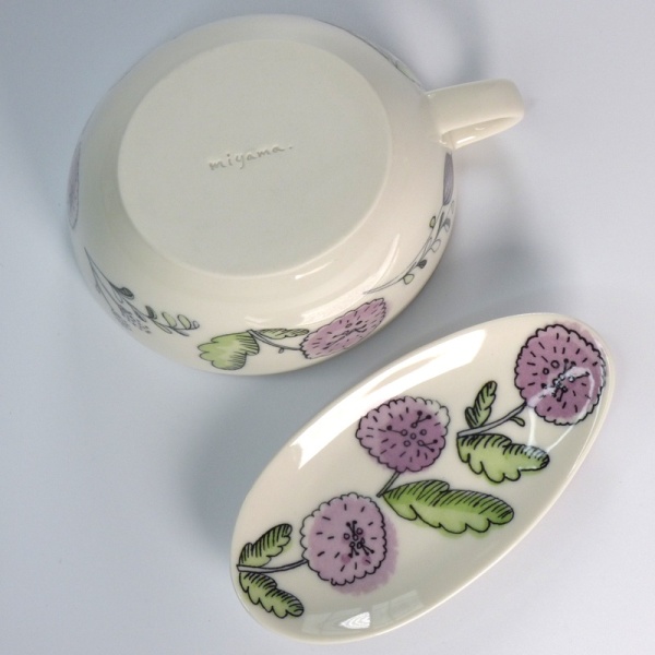 Purple aster floral design soup cup and spoon rest