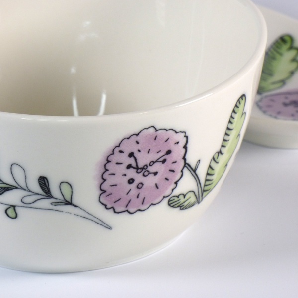 Close up of purple aster design soup cup