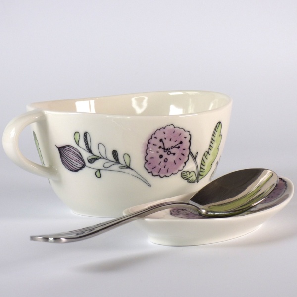 Purple aster floral design soup cup and spoon rest