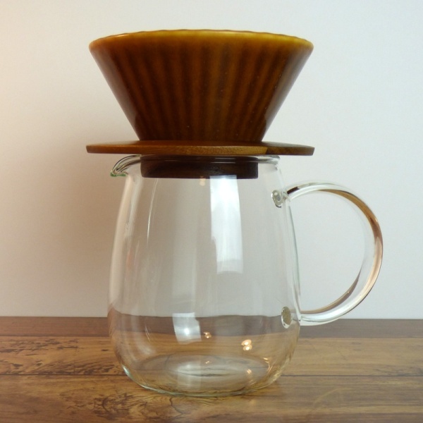 Pour over coffee jug and filter in caramel brown