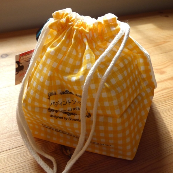 Reverse side of Paddington Bear cotton bag featuring yellow check pattern