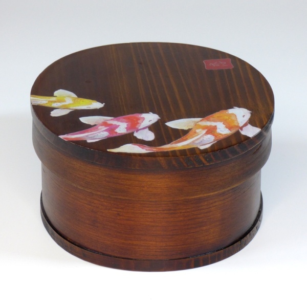 Wooden bento box with painted goldfish design lid