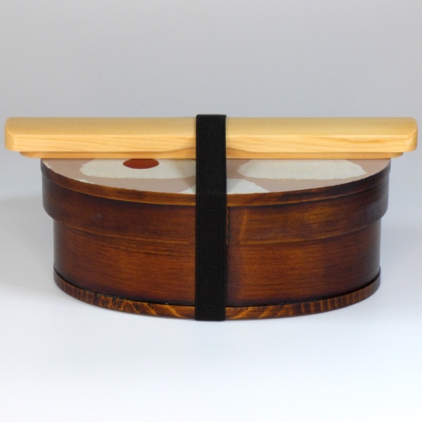 Closed wooden onigiri design bento box with wooden chopsticks