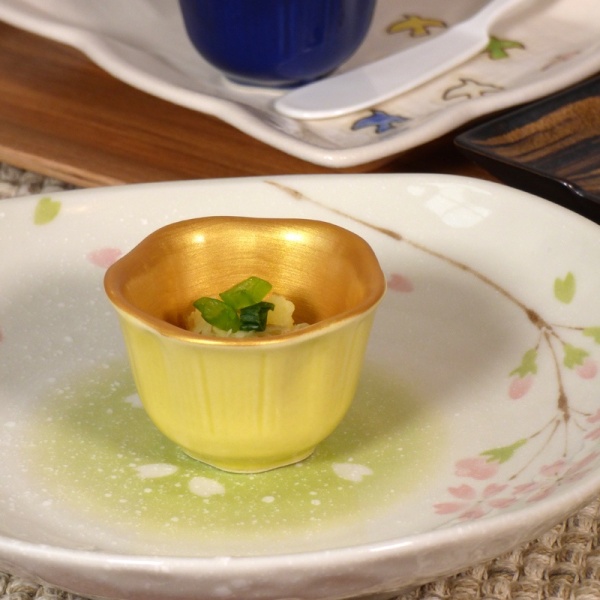 Yellow and gold blossom mini dish in a table setting