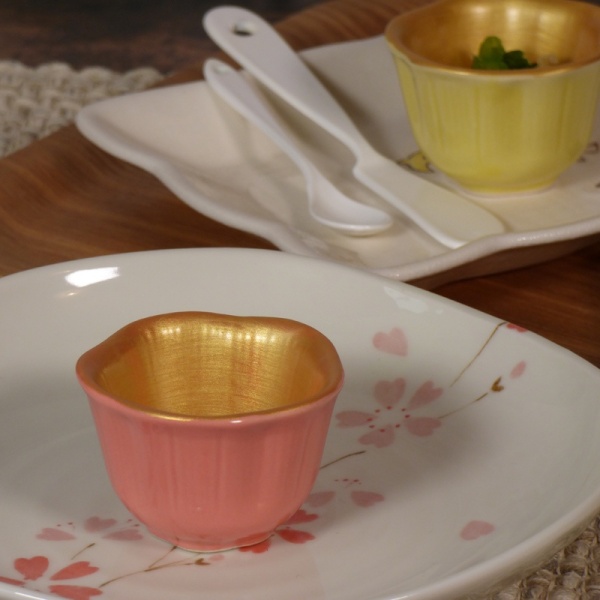Pink and gold blossom mini dish in a table setting