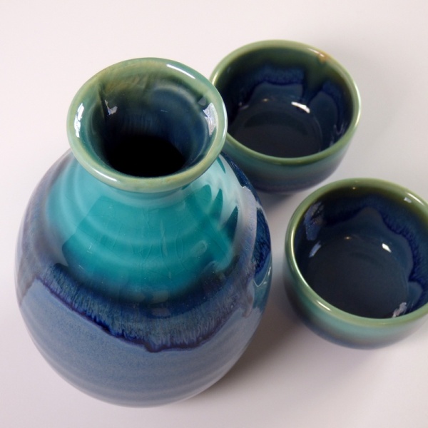 Turquoise-blue dip glazed Japanese sake set