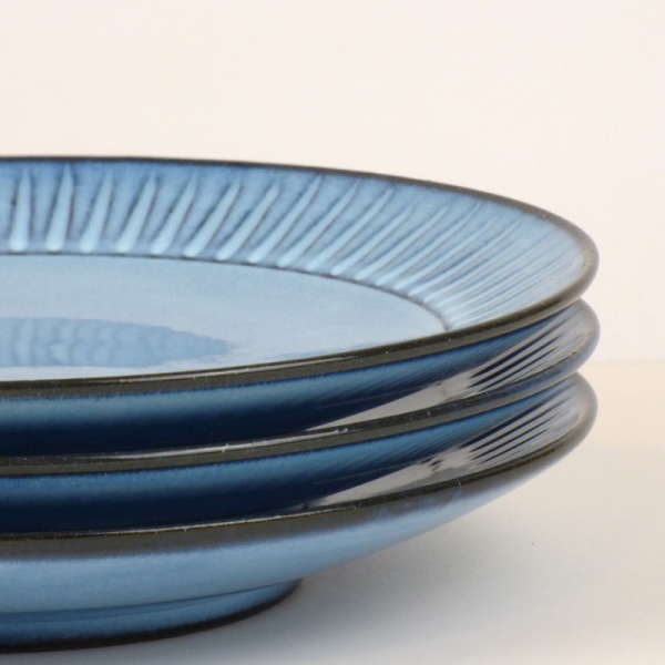 Blue Hasami ware dinner plates close up