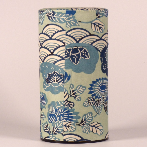 Tall washi paper tea caddy with blue Aomi wave design