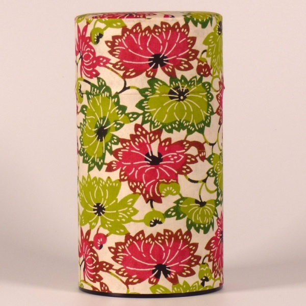 Tall washi paper tea caddy with green and pink floral design
