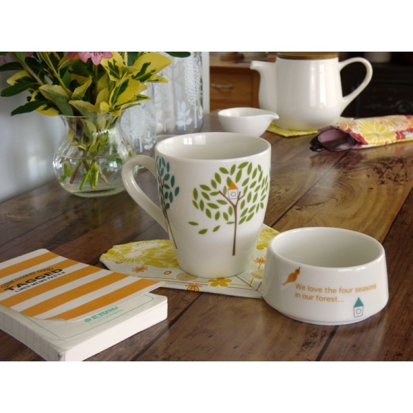 'Forest Birds' design cafe mug in table setting