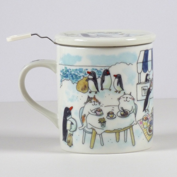 'Penguin Café' Cat Mug with Tea Strainer and Ceramid Lid