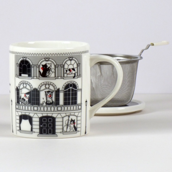 'Musical Villa' Cat design mug with tea strainer and ceramic lid