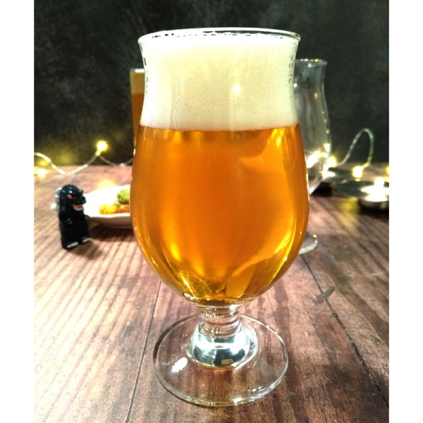 Beer glass containing pilsner on bar