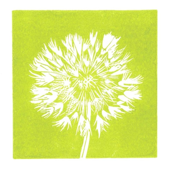 Dandelion linocut print in lime green