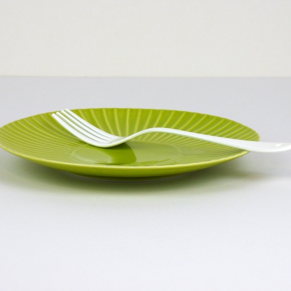 White enamel dessert fork on green plate