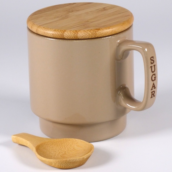 Ceramic storage pot with wooden lid and scoop for sugar