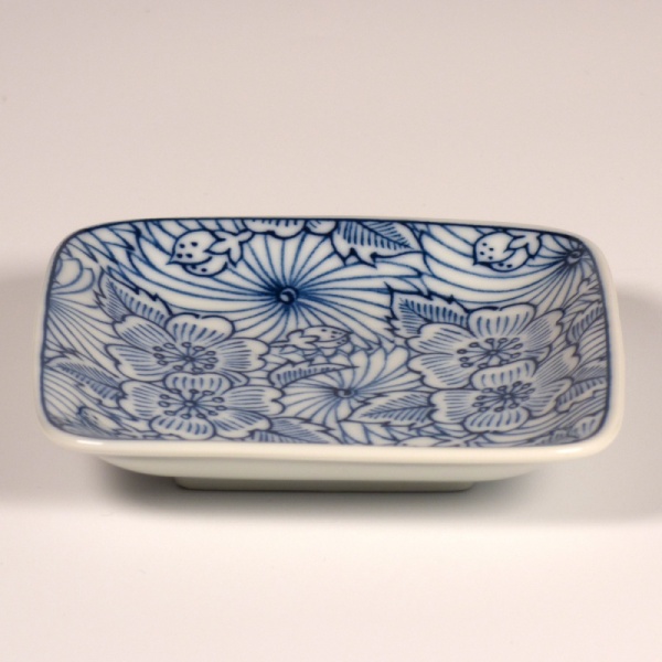 Square ceramic mini plate with blue and white floral design