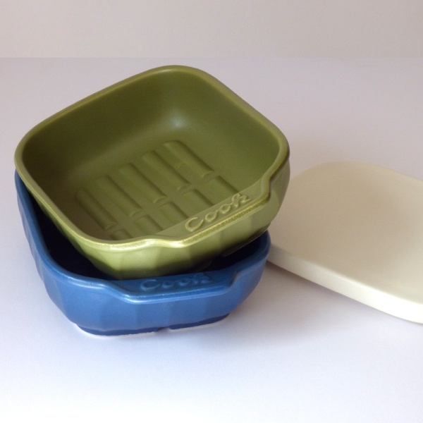 Olive green and blue ceramic oven and grill dishes