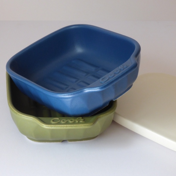Blue and olive green ceramic oven and grill dishes