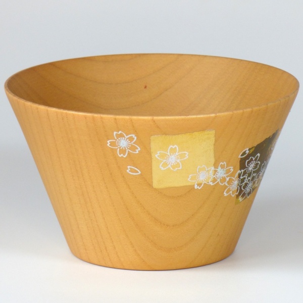 Natural light wood Japanese bowl with Spring blossom pattern