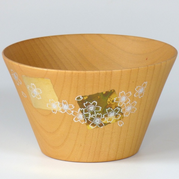 Natural light wood Japanese bowl with Spring blossom pattern