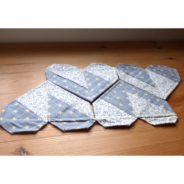 Origami Heart coasters in blue fabric