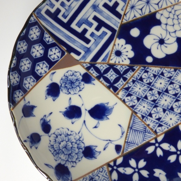 Close up of blue and white patchwork design