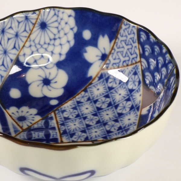 Small Japanese bowl with kimono fabric patchwork design in blue and white