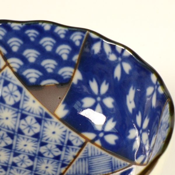 Close up of blue and white patchwork design