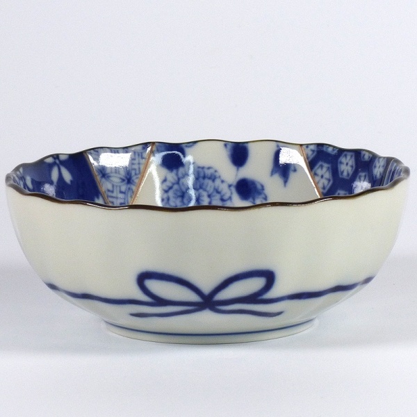 Small Japanese bowl with kimono fabric patchwork design in blue and white