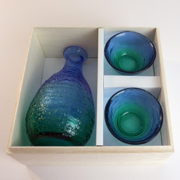'Ocean' blue green glass sake jug and cups giftbox set