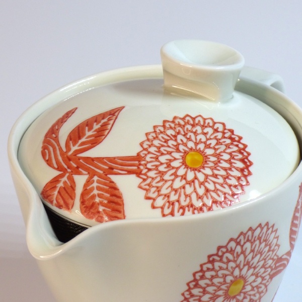 Close up of Red Dahlia teapot lid
