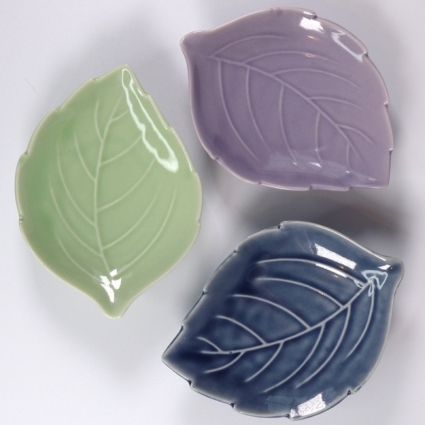 Three Japanese leaf mini plates in blue, mauve and green
