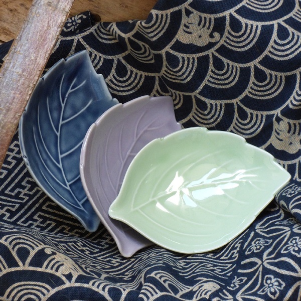 Three Japanese leaf mini plates in blue, mauve and green