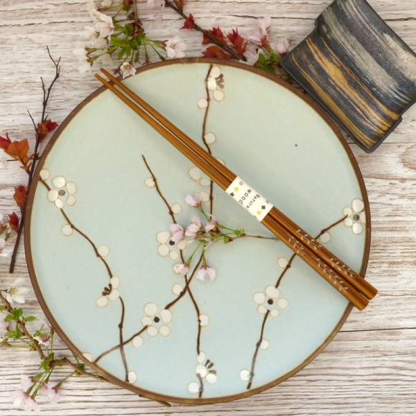 Light oak tone natural wood Japanese chopsticks on pale blue plate