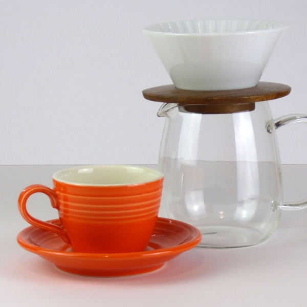 Mandarin orange coffee cup and saucer with glass coffee jug