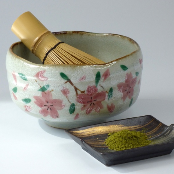 Sakura design Japanese matchawan tea bowl and bamboo chasen whisk